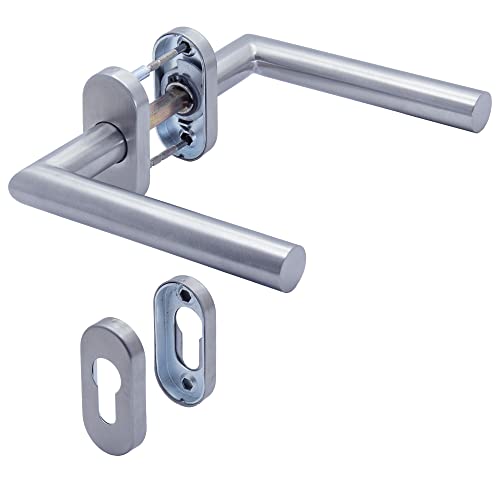 APECS Türgriffe Oval Rosette edelstahl für Haustür und Innentüren mit Schlüsselrosette Drückergarnitur Profilzylinder L-Modell H-0904+PZ von APECS