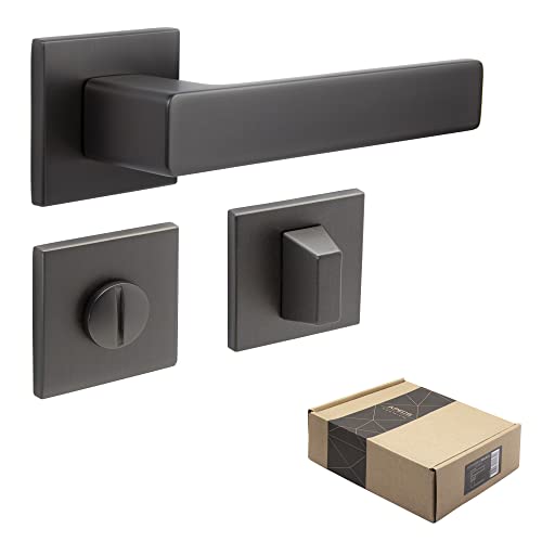 APECS Türgriffe innentüren Modern Türklinke für Haustür und Innentür mit quadratisch Rosetten Türgriff graphit matt Drückergarnitur mit Befestigungsmaterial Türbeschlag Modell REGULUS WC - Badezimmer von APECS