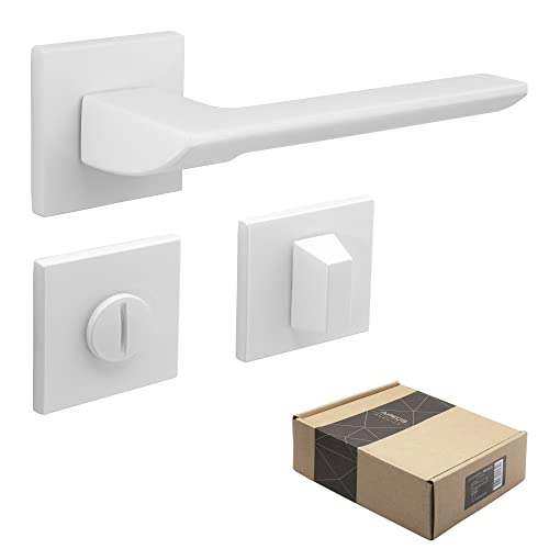 APECS Türgriffe innentüren Modern Türklinke für Haustür und Innentür mit quadratisch Rosetten Türgriff weiß matt Drückergarnitur mit Befestigungsmaterial Türbeschlag Modell ELECTRA WC - Badezimmer von APECS