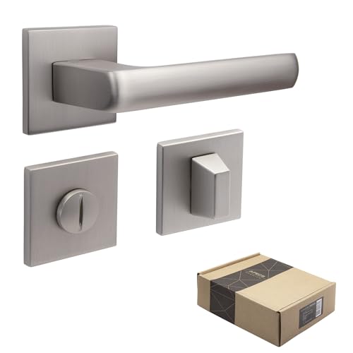 APECS Türgriffe innentüren Modern Türklinke für Haustür und Innentür mit quadratischen Rosetten Türgriff niсkel matt Drückergarnitur mit Befestigungsmaterial Türbeschlag Modell AVIOR WC - Badezimmer von APECS