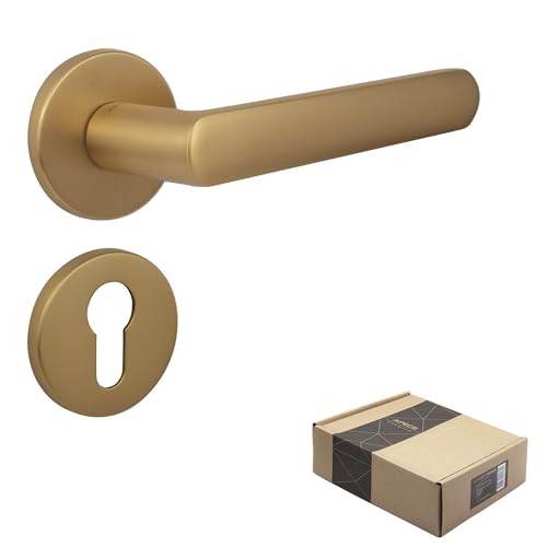 APECS Türgriffe innentüren Türgriff goldener matt Modern Türklinke für Haustür und Innentür mit runden Rosetten Drückergarnitur mit Befestigungsmaterial Türbeschlag Modell KUMA PZ - Profilzylinder von APECS