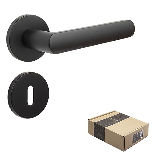 APECS Türgriffe innentüren Türgriff schwarz matt Modern Türklinke für Haustür und Innentür mit runden Rosetten Drückergarnitur mit Befestigungsmaterial Türbeschlag Modell KUMA BB - Buntbart von APECS