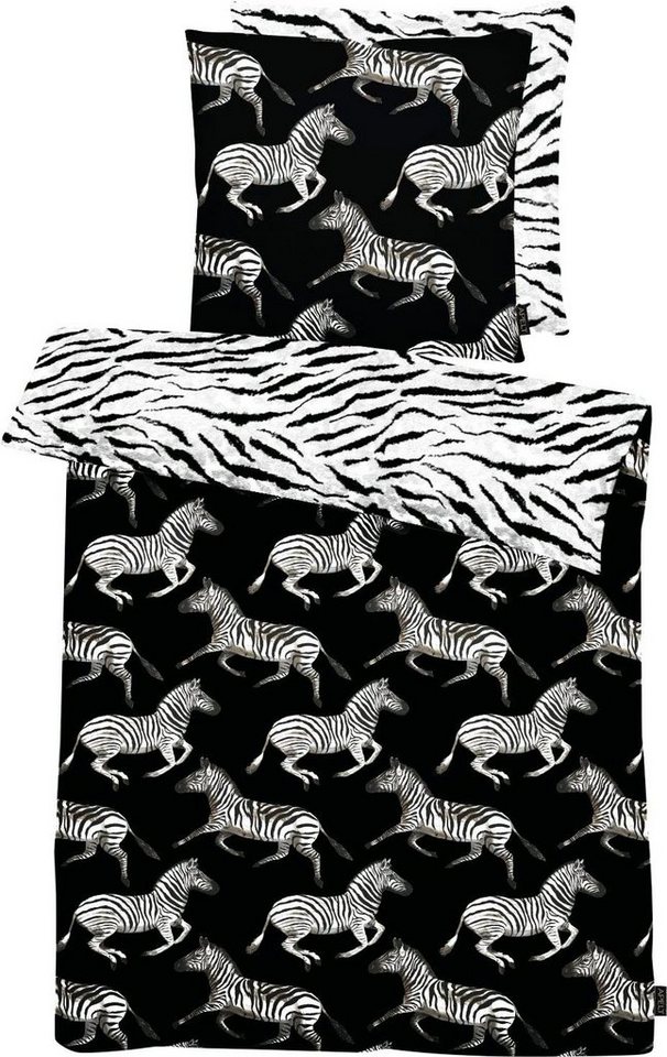 Wendebettwäsche Theo, APELT, Mako-Satin, 2 teilig, Kunstvoll gemalte Zebras und auf der Rückseite im Zebramuster von APELT