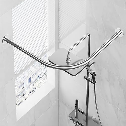 Verstellbare L Form Duschvorhangstange, Gebogene Viertelkreis Duschvorhangstange Edelstahl, Eckdusche Rund-Duschstange Ohne Bohrer, Für Badezimmer Dusche Badewa(Size:B 70-95cm x 90-130cm,Color:Silber) von APHTOCF