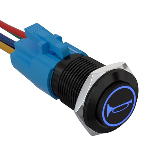 APIELE 16MM Momentan Hupentaste Druckschalter 12V, mit LED wasserdicht Momentary Drucktastenschalter mit vorverdrahtetem Stecker, Auto RV LKW Boot EIN/AUS Taste Schalter (blau) von APIELE