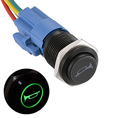 APIELE 16MM Momentan Hupentaste Druckschalter 12V, mit LED wasserdicht Momentary Drucktastenschalter mit vorverdrahtetem Stecker16mm Horn Switch (schwarze Schale/Grün LED) von APIELE