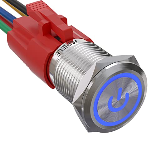 APIELE 16MM Verriegelung Druckschalter 12VDC 5A, Edelstahl mit LED Power Symbol wasserdicht Latch Drucktastenschalter mit vorverdrahtetem Stecker, Auto RV LKW Boot EIN/AUS Taste Schalter (Blau) von APIELE
