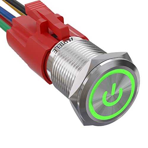APIELE 16MM Verriegelung Druckschalter 12VDC 5A, Edelstahl mit LED Power Symbol wasserdicht Latch Drucktastenschalter mit vorverdrahtetem Stecker, Auto RV LKW Boot EIN/AUS Taste Schalter (Grün) von APIELE