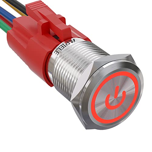 APIELE 16MM Verriegelung Druckschalter 12VDC 5A, Edelstahl mit LED Power Symbol wasserdicht Latch Drucktastenschalter mit vorverdrahtetem Stecker, Auto RV LKW Boot EIN/AUS Taste Schalter (Rot) von APIELE