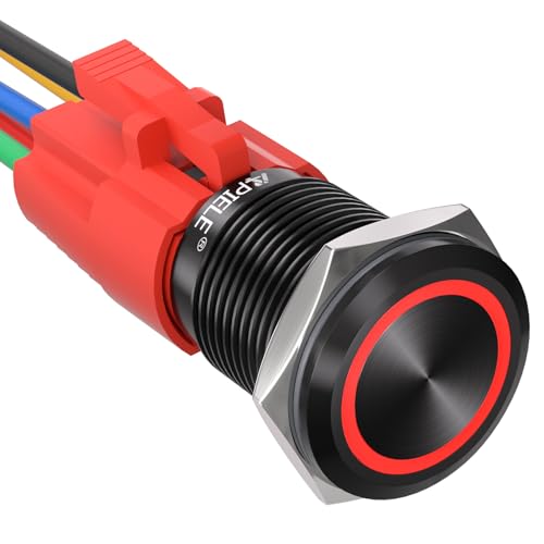 APIELE 16MM Verriegelung Druckschalter 12VDC 5A, Schwarz Aluminiumlegierung mit LED Ringbeleuchtung wasserdicht Latch Drucktastenschalter, Auto RV LKW Boot EIN/AUS Taste Schalter (rot) von APIELE