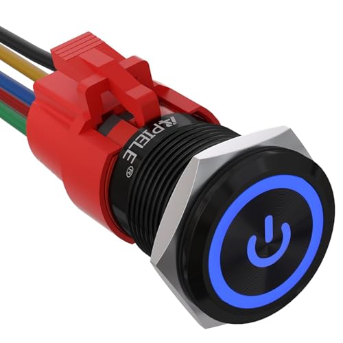 APIELE 19MM Verriegelung Druckschalter 12VDC 5A, Aluminiumlegierung mit LED Power Symbol wasserdicht Latch Drucktastenschalter, Auto RV LKW Boot EIN/AUS Taste Schalter (Schwarz Schale/Blau) von APIELE
