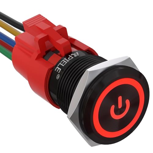 APIELE 19MM Verriegelung Druckschalter 12VDC 5A, Aluminiumlegierung mit LED Power Symbol wasserdicht Latch Drucktastenschalter, Auto RV LKW Boot EIN/AUS Taste Schalter (Schwarz Schale/Rot) von APIELE
