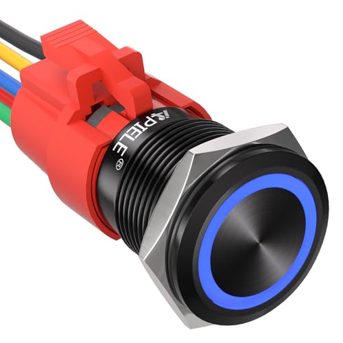 APIELE 19MM Verriegelung Druckschalter 12VDC 5A, Aluminiumlegierung mit LED Ringbeleuchtung wasserdicht Latch Drucktastenschalter, Auto RV LKW Boot EIN/AUS Taste Schalter (Blau) von APIELE