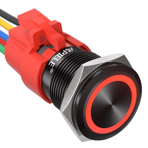APIELE 19MM Verriegelung Druckschalter 12VDC 5A, Aluminiumlegierung mit LED Ringbeleuchtung wasserdicht Latch Drucktastenschalter, Auto RV LKW Boot EIN/AUS Taste Schalter (Rot) von APIELE