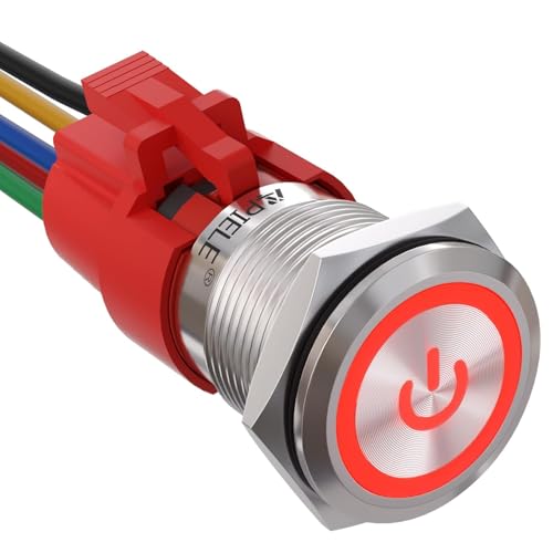 APIELE 19MM Verriegelung Druckschalter 12VDC 5A, Edelstahl mit LED Power Symbol wasserdicht Latch Drucktastenschalter, Auto RV Boot EIN/AUS Taste Schalter (Silber Schale/Rot) von APIELE
