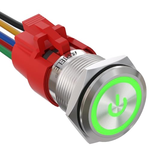 APIELE 19MM Verriegelung Druckschalter 12VDC 5A, Edelstahl mit LED Power Symbol wasserdicht Latch Drucktastenschalter, Auto RV LKW Boot EIN/AUS Taste Schalter (Silber Schale/Grün) von APIELE