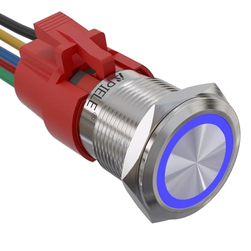 APIELE 19MM Verriegelung Druckschalter 12VDC 5A, Edelstahl mit LED Ringbeleuchtung wasserdicht Latch Drucktastenschalter mit vorverdrahtetem Stecker, Auto RV LKW Boot EIN/AUS Taste Schalter (Blau) von APIELE