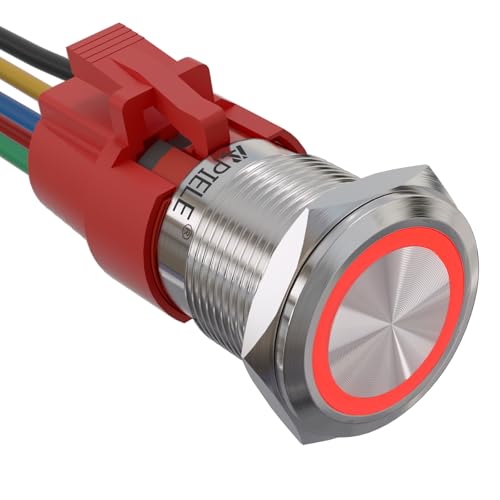 APIELE 19MM Verriegelung Druckschalter 12VDC 5A, Edelstahl mit LED Ringbeleuchtung wasserdicht Latch Drucktastenschalter mit vorverdrahtetem Stecker, Auto RV LKW Boot EIN/AUS Taste Schalter (Rot) von APIELE