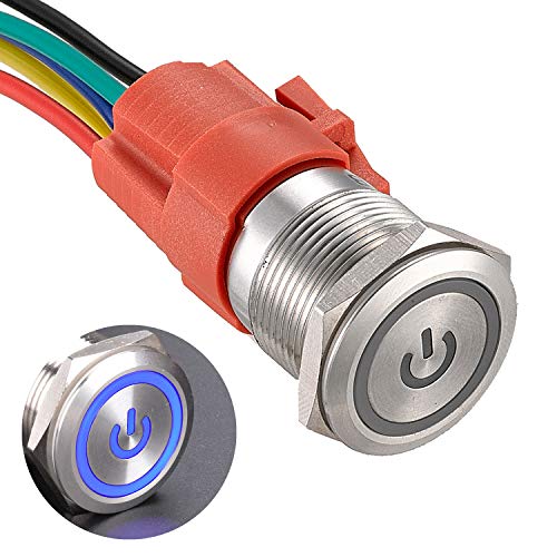 APIELE 19MM Verriegelung Druckschalter 12VDC 5A, Edelstahl mit LED Power Symbol wasserdicht Latch Drucktastenschalter, Auto RV LKW Boot EIN/AUS Taste Schalter (Silber Schale/Blau) von APIELE