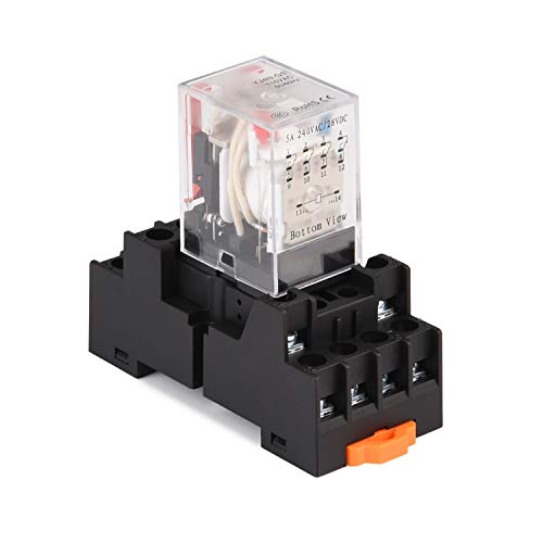 APIELE [3 Jahre Garantie] Elektromagnetisches Leistungsrelais MY4NJ HH53P Spule 4PDT 4NO + 4NC 14 Pins 5A mit Kontrollleuchte mit Sockel (24V DC) von APIELE