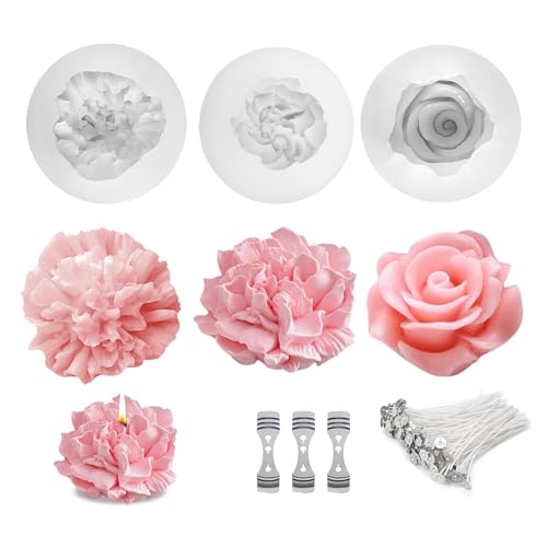 APKOL 3 Stück Kerzen Formen Silikon Silikonformen Gießformen Kerzen Kerzenformen zum Gießen Blumen 3D,Rosen Nelke Pfingstrose,mit 100x8cm Wachsdochte+3 Halter von APKOL