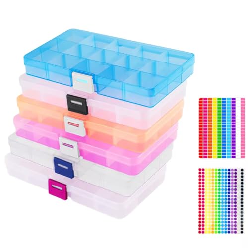 APKOL 6 stk Plastik Sortierbox Transparent Sortimentskasten Sortierbox mit verstellbaren Trennwänden Sortierboxen für kleinteile Aufbewahrungsbox mit 2 Bogen Etikettenaufklebern(15 Raster X 6 Pck) von APKOL
