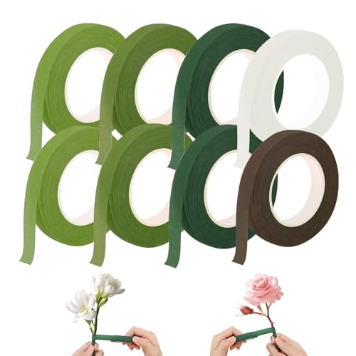 APKOL 8 Rollen Grün Braun Weiß Floristenband,Floristenband Selbstklebend Flora Kreppband für Wrapping Blumensträuße und Blumenhandwerk,Floral Tape(12mm x 27m/Rolle) von APKOL