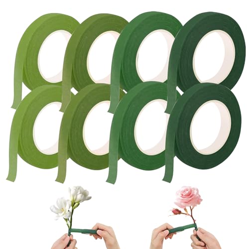 APKOL 8 Rollen Grün Floristenband,Floristenband Selbstklebend Flora Kreppband für Wrapping Blumensträuße und Blumenhandwerk,Floral Tape für DIY Kunsthandwerk(12mm x 27m/Rolle) von APKOL