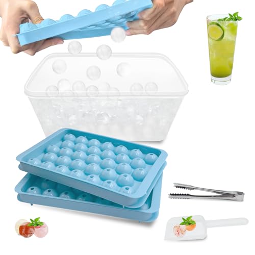 APKOL Runde Eiswürfelform mit Deckel und Behälter, 2,5 cm x 99 Stück Mini eiswürfelform rund,Non-BPA eiswürfelbehälter,eiswürfel rund ice cube tray Mit Eisklammer und Eisschaufel von APKOL