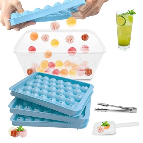 APKOL Runde Eiswürfelform mit Deckel und Behälter, 2,5 cm x 99 Stück Mini eiswürfelform rund,Non-BPA eiswürfelbehälter,eiswürfel rund ice cube tray Mit Eisklammer und Eisschaufel von APKOL
