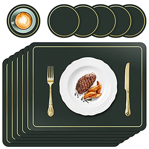 APLKER Tischsets Leder und Untersetzer, Tischsets Abwaschbar 6er Set rutschfest Platzdeckchen Leder Kunstleder Tischset Lederoptik Platzset, 41 x30 cm (Dunkelgrün) von APLKER