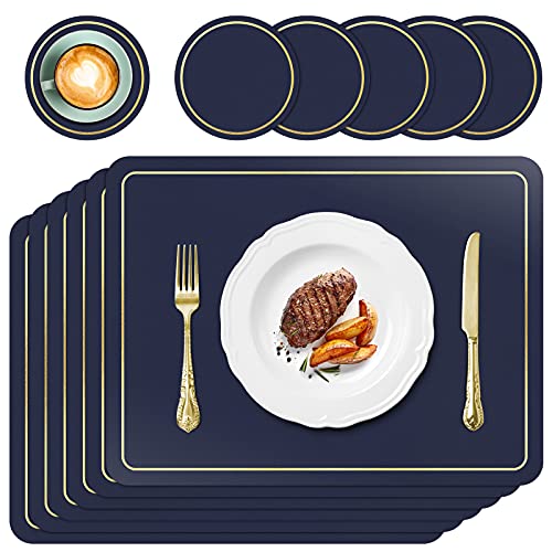 APLKER Tischsets Leder und Untersetzer, Tischsets Abwaschbar 6er Set rutschfest Platzdeckchen Leder Kunstleder Tischset Lederoptik Platzset, 41 x31 cm (Dunkelblau) von APLKER