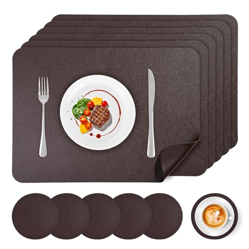 APLKER Tischset Leder 6er Set - Kunstleder Platzset Abwaschbar, Hitzebeständig Doppelseitigen Wasserdicht Platzdeckchen Lederoptik mit Tischuntersetzer rutschfest, 16 x 12 Zoll - Coffee von APLKER