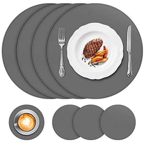 APLKER Platzdeckchen Rund Abwaschbar 4er Set, 33cm Tischset Rund Lederoptik Kunstleder Wasserdicht Platzdeckchen und Untersetzer für Küche Speisetisch, Dunkelgrau von APLKER