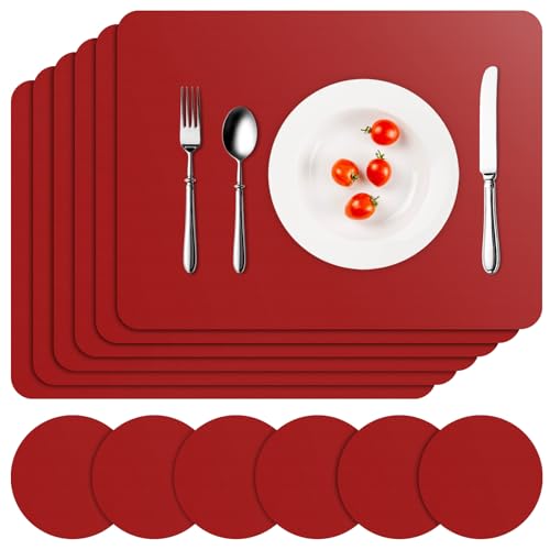 APLKER Tischset Leder 6er Set - Kunstleder Platzset Abwaschbar, Hitzebeständig Doppelseitigen Wasserdicht Platzdeckchen Lederoptik mit Tischuntersetzer rutschfest, 16 x 12 Zoll (Rot) von APLKER