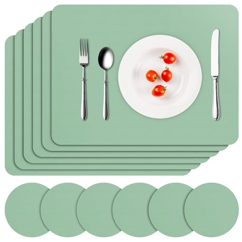 APLKER Tischset Leder 6er Set - Kunstleder Platzset Abwaschbar, Hitzebeständig Doppelseitigen Wasserdicht Platzdeckchen Lederoptik mit Tischuntersetzer rutschfest, 16 x 12 Zoll (Salbeigrün) von APLKER