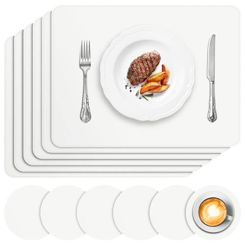 APLKER Tischset Leder 6er Set - Kunstleder Platzset Abwaschbar, Hitzebeständig Doppelseitigen Wasserdicht Platzdeckchen Lederoptik mit Tischuntersetzer rutschfest, 16 x 12 Zoll (Weiß) von APLKER
