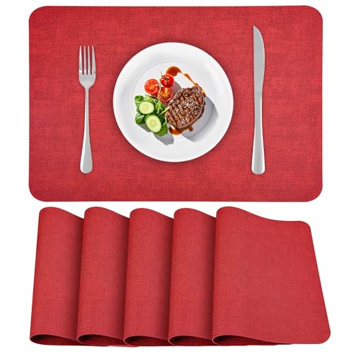 APLKER Tischsets Abwaschbar Leder, Doppelseitigen Platzset 6er Set rutschfest Platzdeckchen Leder Kunstleder Tischset, 40 x 30 cm (Retro Rot, 15.8 x 11.8 Zoll) von APLKER