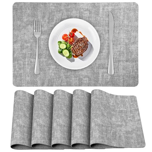 APLKER Tischsets Abwaschbar Leder, Doppelseitigen Platzset 6er Set rutschfest Platzdeckchen Leder Kunstleder Tischset, 40 x 30 cm Hellgrau von APLKER