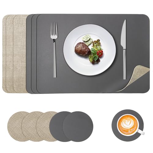 APLKER Tischsets Abwaschbar Leder und Untersetzer, Doppelseitigen Platzset 6er Set rutschfest Platzdeckchen Leder Kunstleder Tischset, 43X30cm (6er Set, Beigegrau) von APLKER