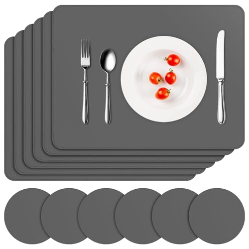 APLKER Tischset Leder 6er Set - Kunstleder Platzset Abwaschbar, Hitzebeständig Doppelseitigen Wasserdicht Platzdeckchen Lederoptik mit Tischuntersetzer rutschfest, 16 x 12 Zoll, Grau von APLKER