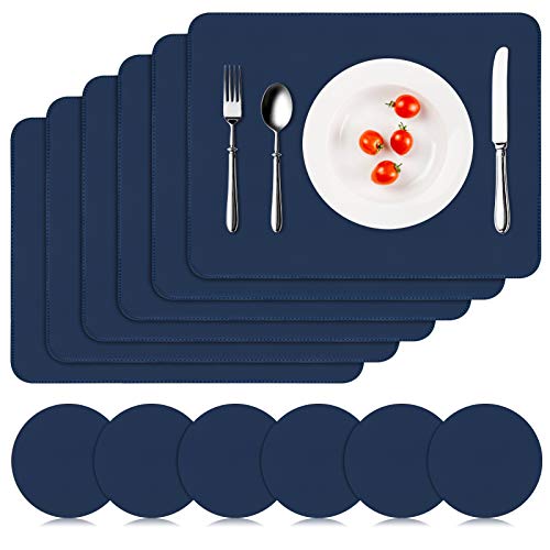 APLKER Tischset Leder 6er Set - Kunstleder Platzset Abwaschbar, Hitzebeständig Doppelseitigen Wasserdicht Platzdeckchen Lederoptik mit Tischuntersetzer rutschfest, 16 x 12 Zoll, Dunkelblau von APLKER