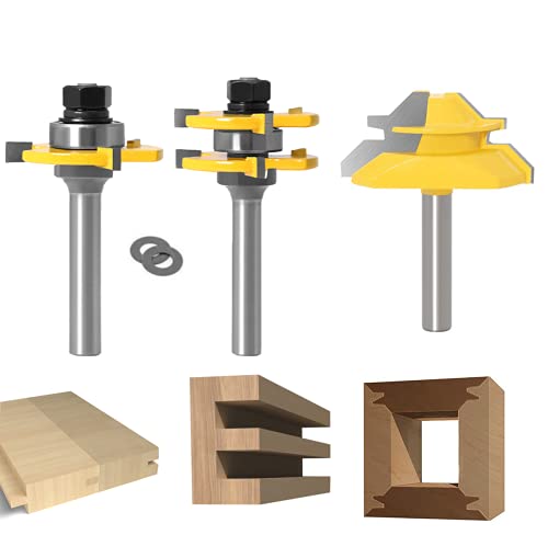 45 Grad Lock Mitre Router Bit, APLUS Holzfräser, Nutfräser + 8 mm Schaft Zungenschaft und Nutfräse Set 3 Zähne in T-Form Cutter aus Holz für Holzarbeiten von APlus