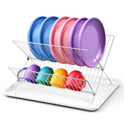 Faltbares Abtropfgestell, 2-stöckiges Abtropfgestell mit Abtropfschale, 41 x 31 cm, zusammenklappbare Geschirrregale oder Küchenspüle, Arbeitsplatte, Besteck, Teller und Geschirr (Silber) von APLZGMG