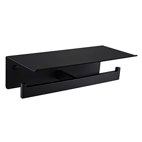 Doppelter Toilettenpapierhalter mit Ablage Matt Schwarz, APLusee SUS304 Edelstahl Modern Badezimmer Taschentuchrollenhalter Handy Aufbewahrungsregal von APLusee