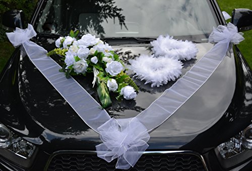 Autoschmuck Autodeko Hochzeit Dekor Verschiedene Variante Komplett (Basis + Herzen, Blumenstrauß - Weiß Groß) von APM