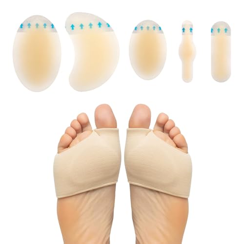 APMGONT 2 Stück Mittelfußpolster Silikon mit 5 Stück Gel Pflaster Stoff Vorderfuß Pads Blasenpflaster Unsichtbare Ferse Hydrokolloid Pflaster Bietet Schutz für Zehen, Vorfuß, Ferse (Beige, S) von APMGONT