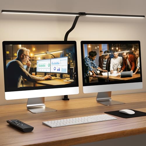 APMIEK Doppelkopf Schreibtischlampe LED Dimmbar, 24W 100 Beleuchtungsmodi, Klemmbar Tageslichtlampe Schreibtisch Lampe, Schwanenhals Büro Tischlampe Augenschutz Arbeitsplatzleuchte, schwarz von APMIEK