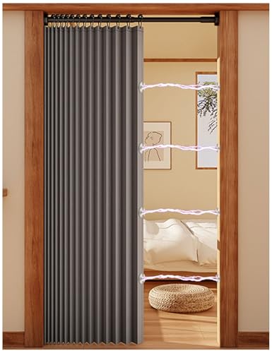 APMOE Türvorhang mit Stange und Magnetknopf, Thermo Vorhang Gegen Kälte Ohne Bohren Zu Installieren, Vorhang Blickdicht(Grau,Pole 80-100cm/curtain 100x250cm) von APMOE