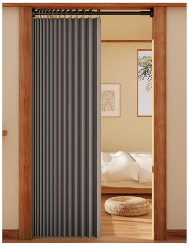 APMOE Türvorhang mit Teleskopstange, Ohne Bohren Türvorhang Kälteschutz, Raumteiler Vorhang Schallschutz Falttüren Innentüren(Grau,Rod 100-120cm/curtain 120x250cm) von APMOE